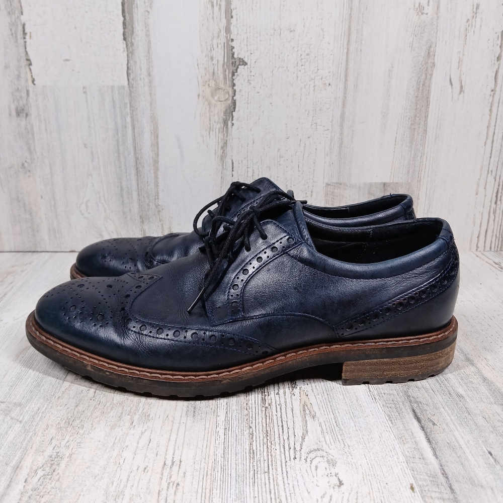 Ecco Shoes Men's 9 Navy Blue Leather Wingtip Oxford Dress Brogue Detail